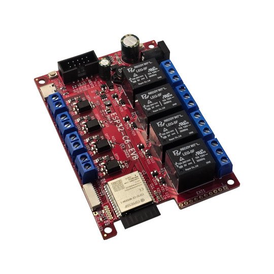 Photo of the Olimex ESP32-C6-EVB: a red PCB with four blue relays, screw-terminal blocks, a USB-C port, and the ESP32-C6 module.