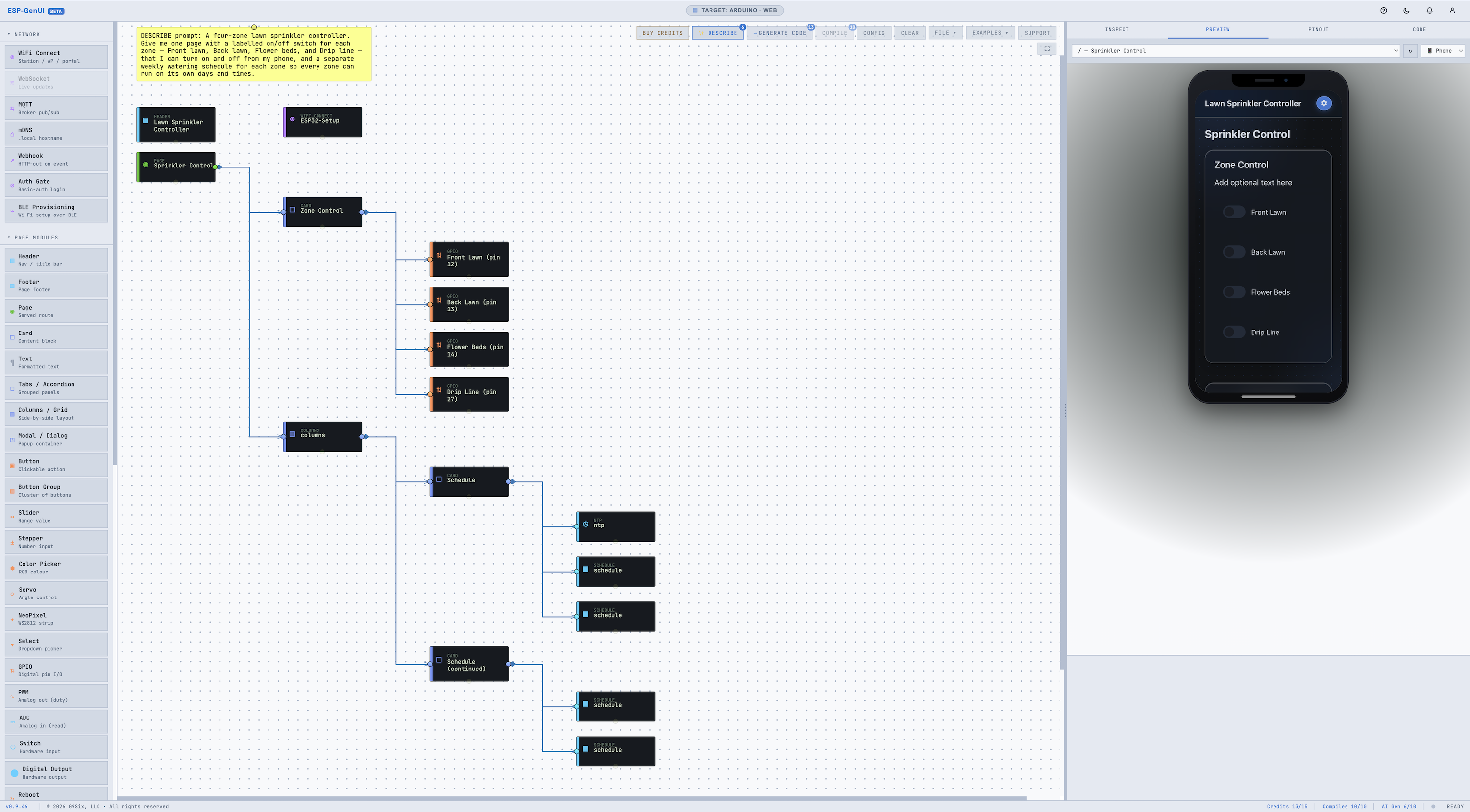 ESP-GenUI editor showing the AI-generated sprinkler diagram: a Header, a WiFi Connect step, a Sprinkler Control page with a Zone Control card of four GPIO toggles (Front Lawn, Back Lawn, Flower Beds, Drip Line) and a Schedule card with an NTP node and one schedule per zone, beside a live phone preview of the page.