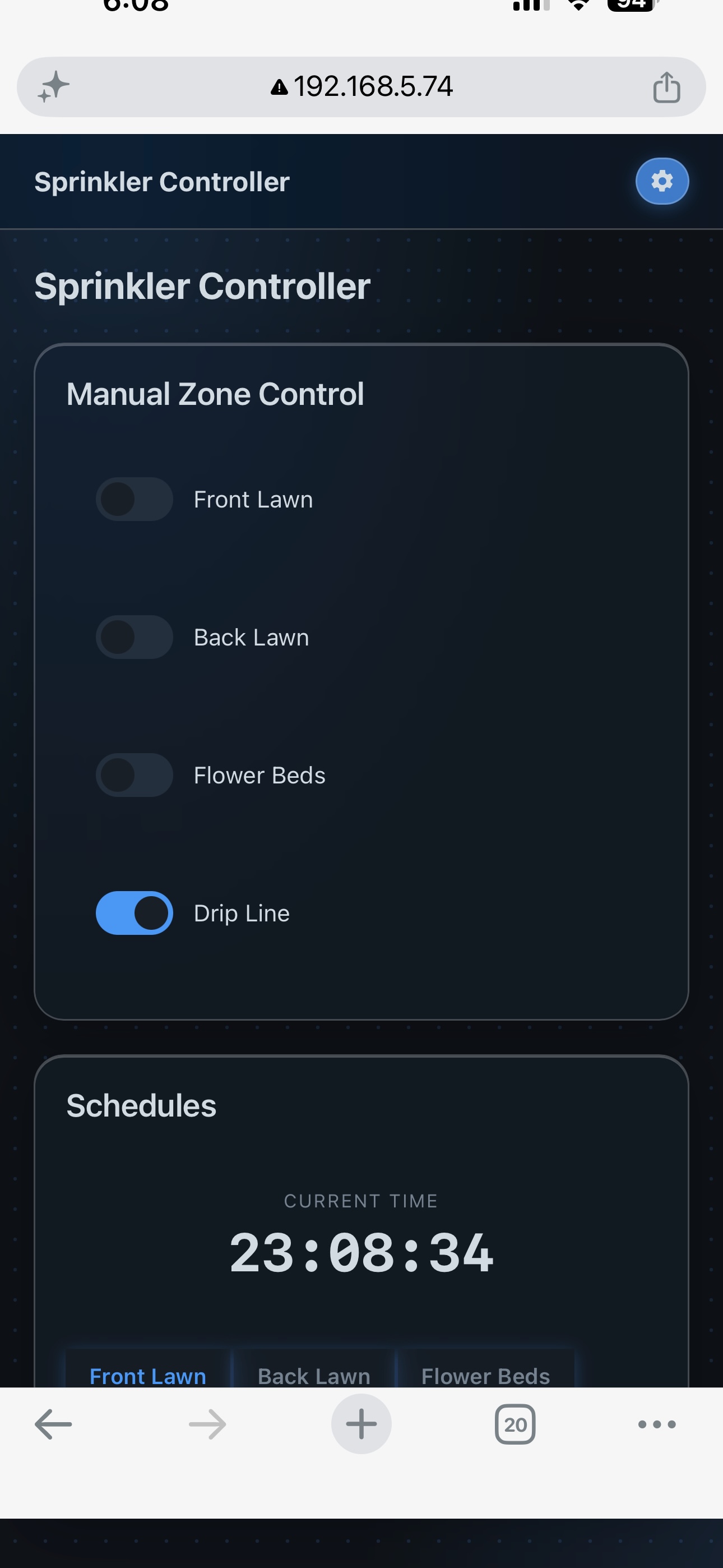 The sprinkler control web page served by the ESP32, shown on a phone (view 1 of 2).