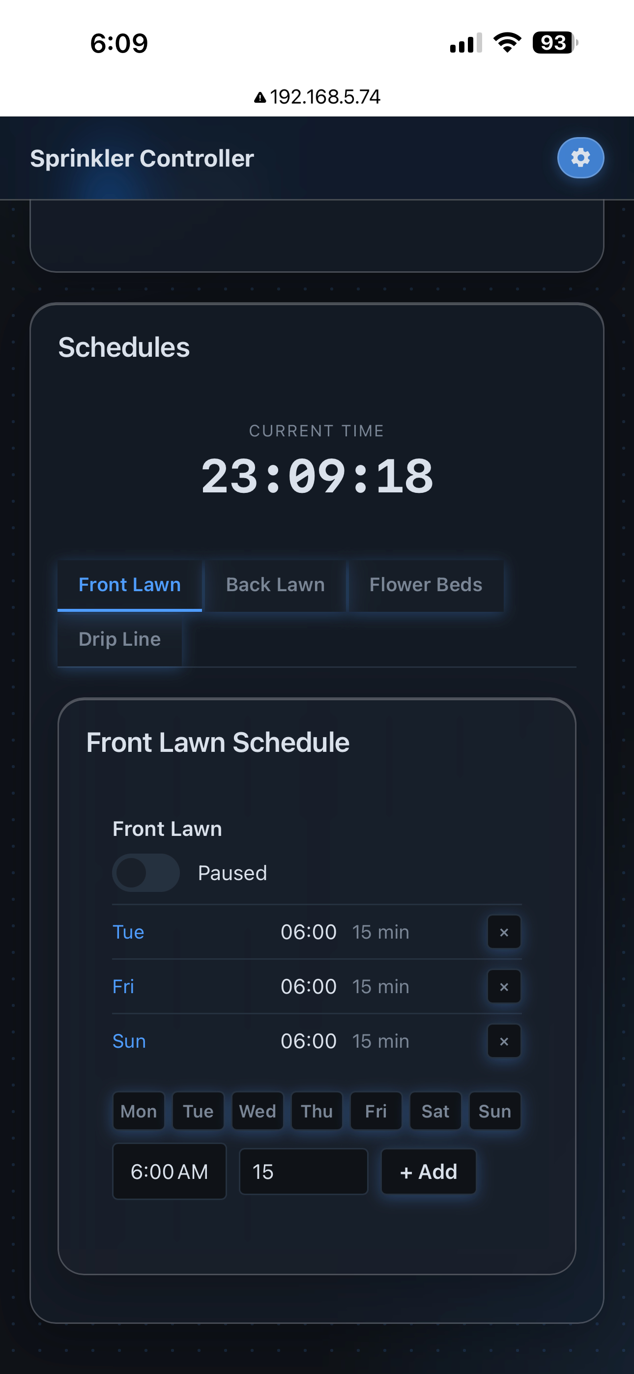 The sprinkler control web page served by the ESP32, shown on a phone (view 2 of 2).