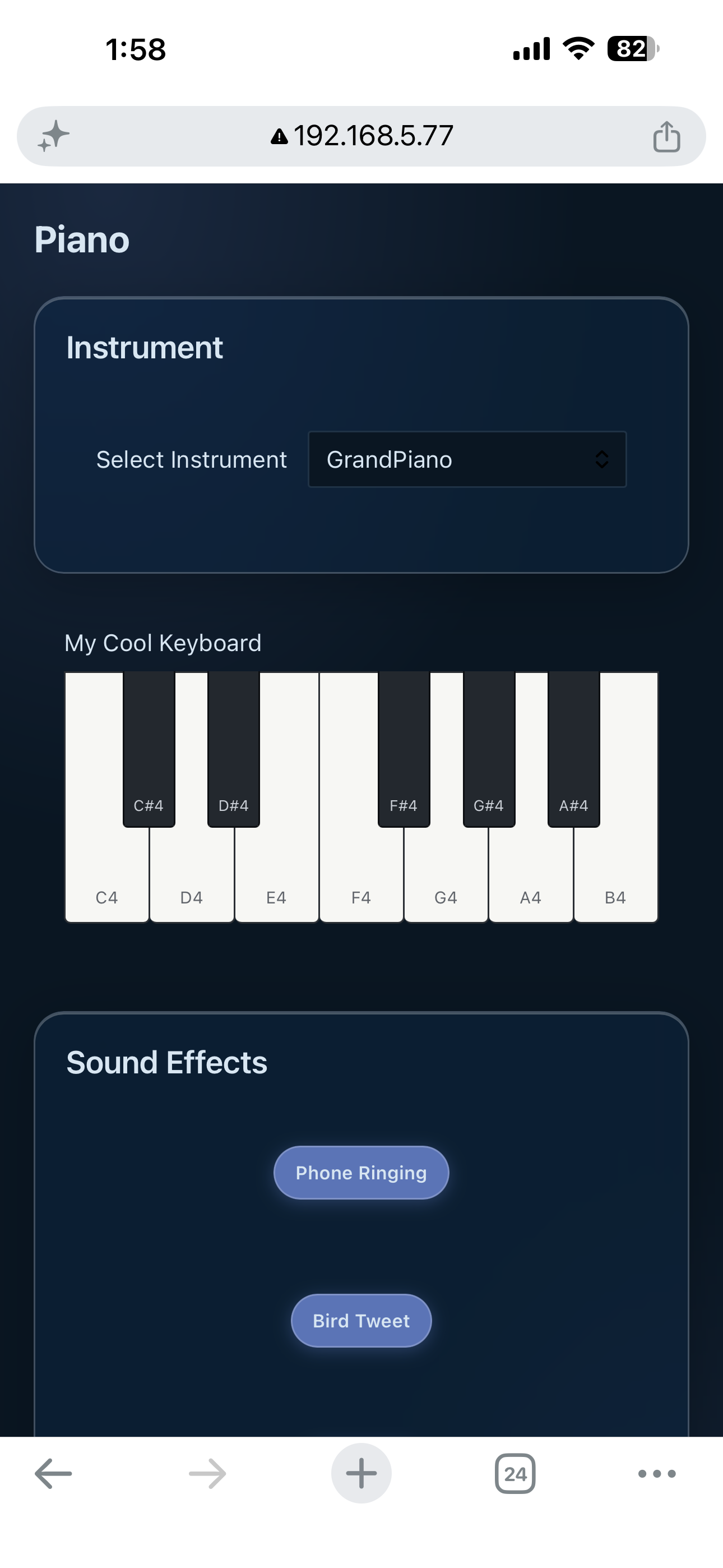 The piano page the board serves, shown on a phone