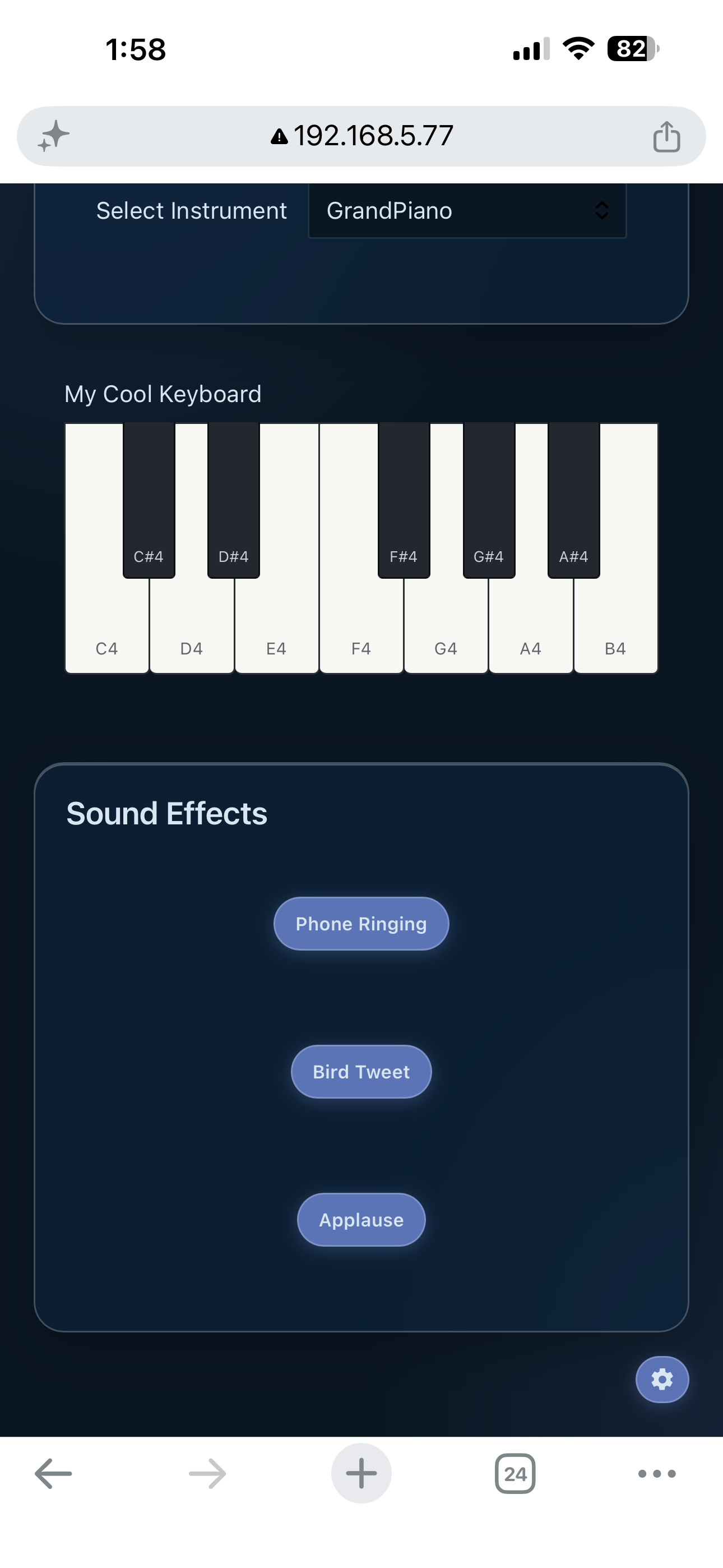 The piano page with a key held down, mid-press